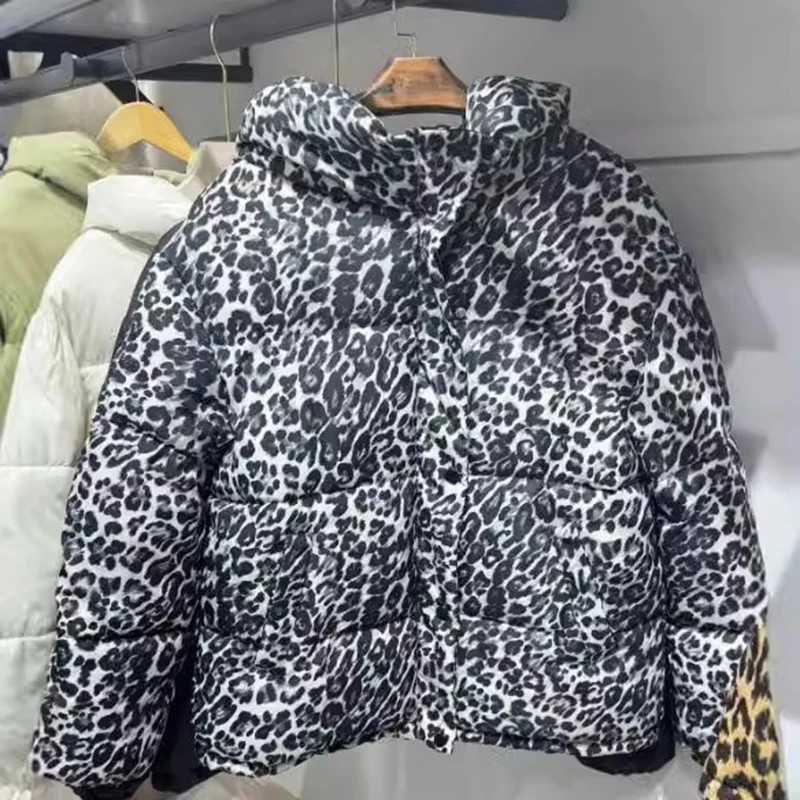 Autumn Winter Women Leopard Print Parkas Long Sleeve Padded Coats Female Cotton Jackets Lady Stand Collar Zipper Outerwear