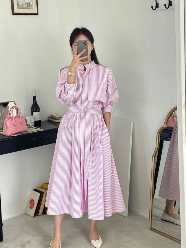 Spring Summer Women\'s Long Striped Shirt Dress with Belt Full Sleeve Stand Collar Slim A-line Dresses Female 2024