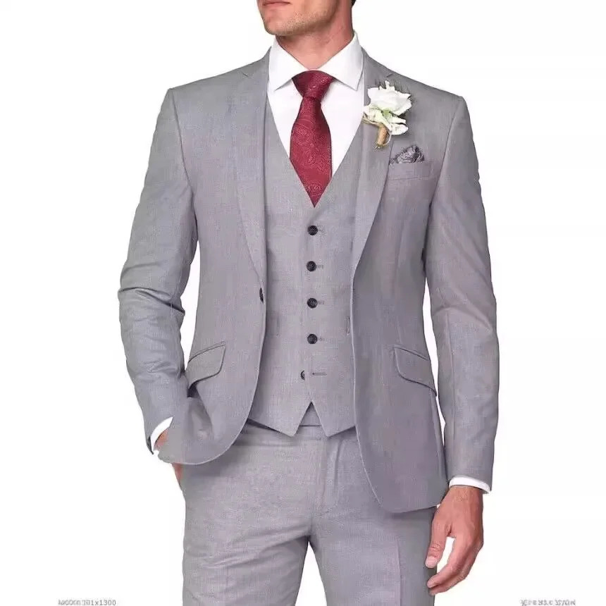 3 Piece Men\'s Retro Linen Men Suit Beach Wedding Suit Summer Slim Fit Linen Suit Groomsmen for Wedding(Blazer+Vest+Pants)