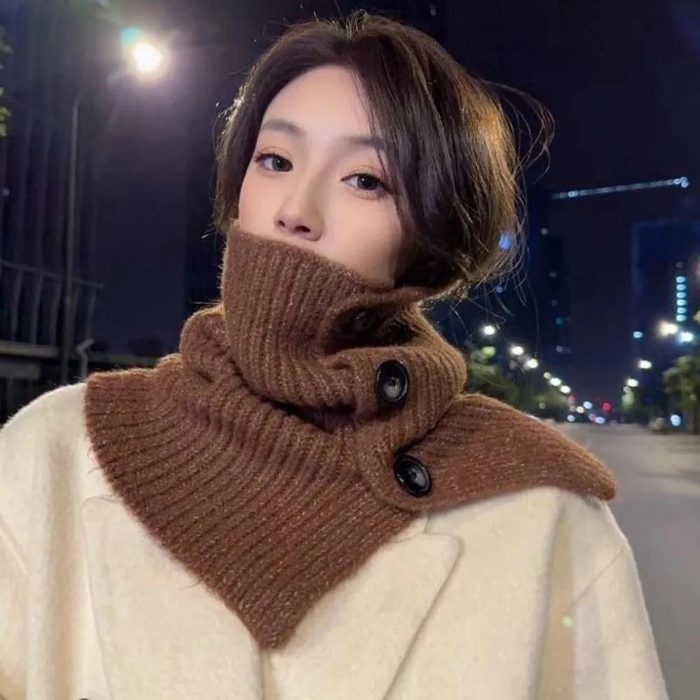 Retro Design Knit Neck Warmer Split Collar Cozy Texture Winter Neck Gaiter Windproof Layer Solid Color Button Knit Scarf