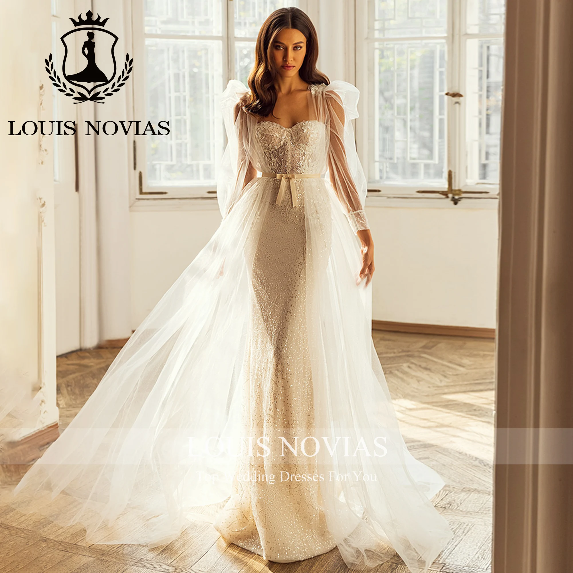 LOUIS NOVIAS 2IN1 Mermaid Wedding Dress For Women Sexy Sparkling Puff Sleeve Beading Belt Mit Cape Wedding Gown Vestido De Novia