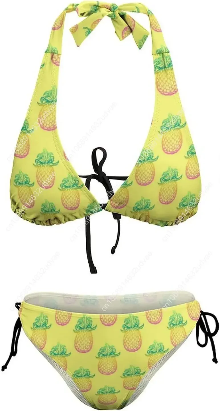 Damesbadpak met ananasprint en driehoekige bikinibadpakken met strikband aan de zijkant