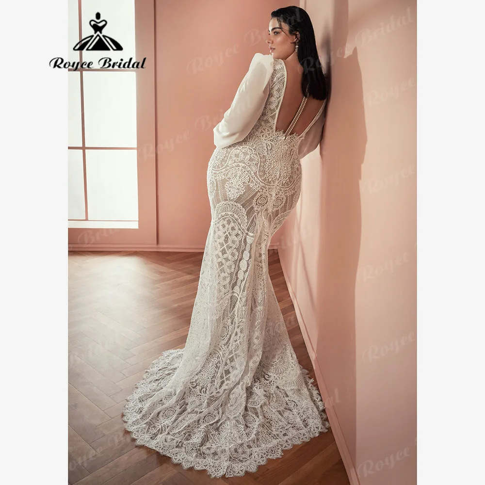 Customized Long Sleeve V Neck Lace Mermaid Boho Plus Size Wedding Dress for Women 2025 Oversized Bridal Gown robe sirene mariage