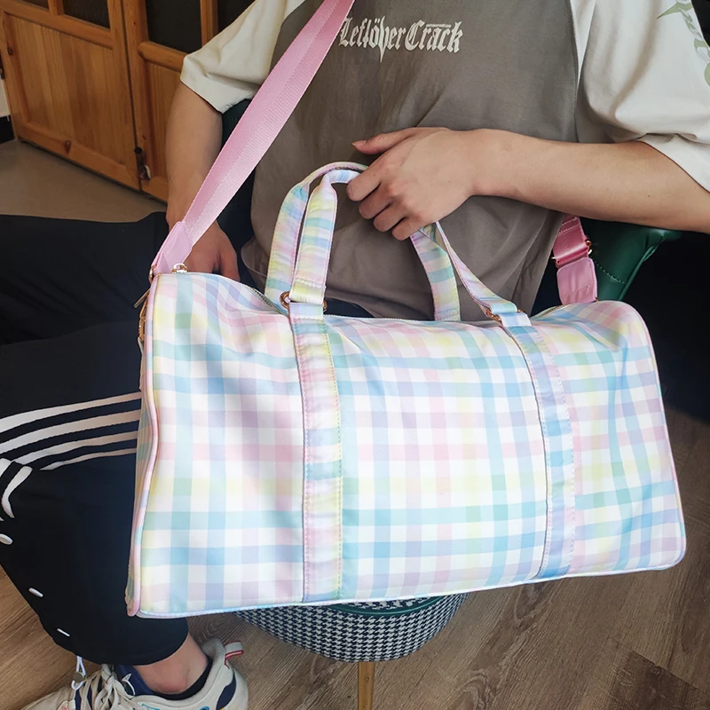 Nylon Weekender Travel Duffle Bags Plaid Waterproof Large Capacity Rainbow Gingham Handbag Spring Summer New Style DIY Gift