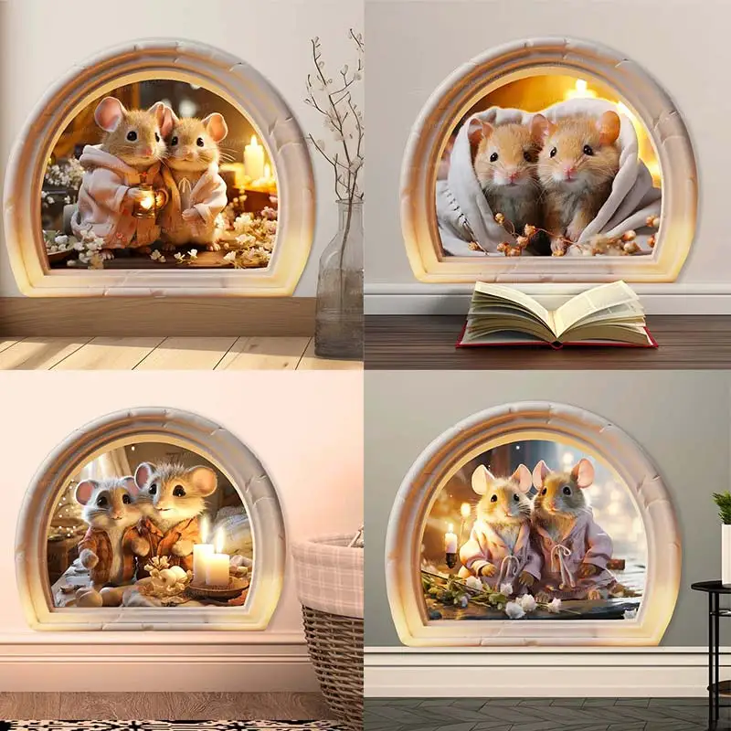 Mice Couple Dressed in Pajamas Wall Sticker, Mouse Cave Self-Adhesive Bedroom Entryway Living Room Porch Home Decoration M845