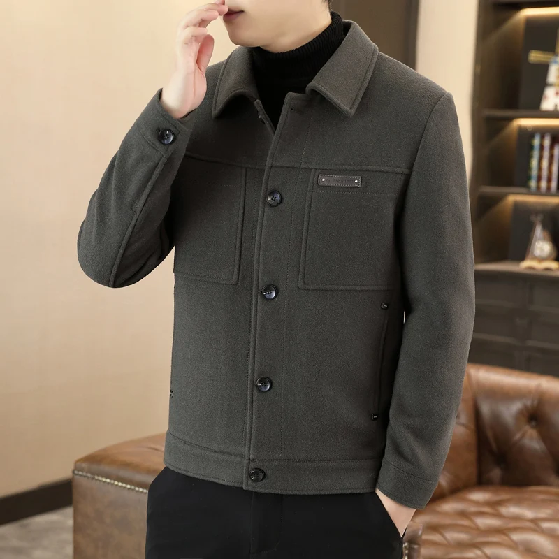 Winter Autumne Men Lambswool Blend Jacket Thick Thermal Fleece Lining Coats Turn Down Collar  Grey Khaki Tangerine Sizes 170-190