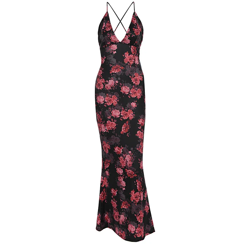 Europe and the United States wind women's summer new fashion light cooked floral low-cut tight waist strap dress