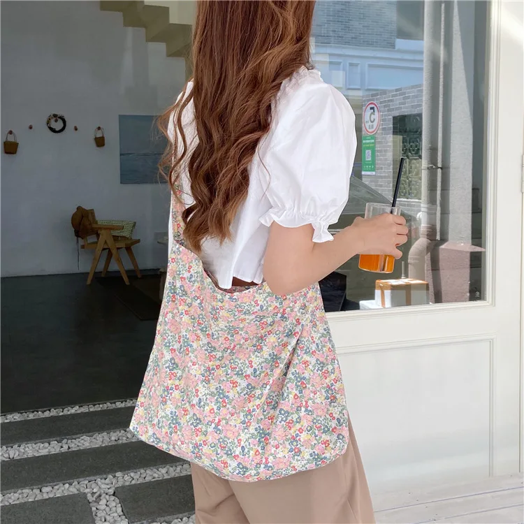 Cotton Cloth Beach Bag Vintage Flora Women Shoulder Bags Large Capacity Ladies Shopping Handbags Summer Girls Flower Casual Tote