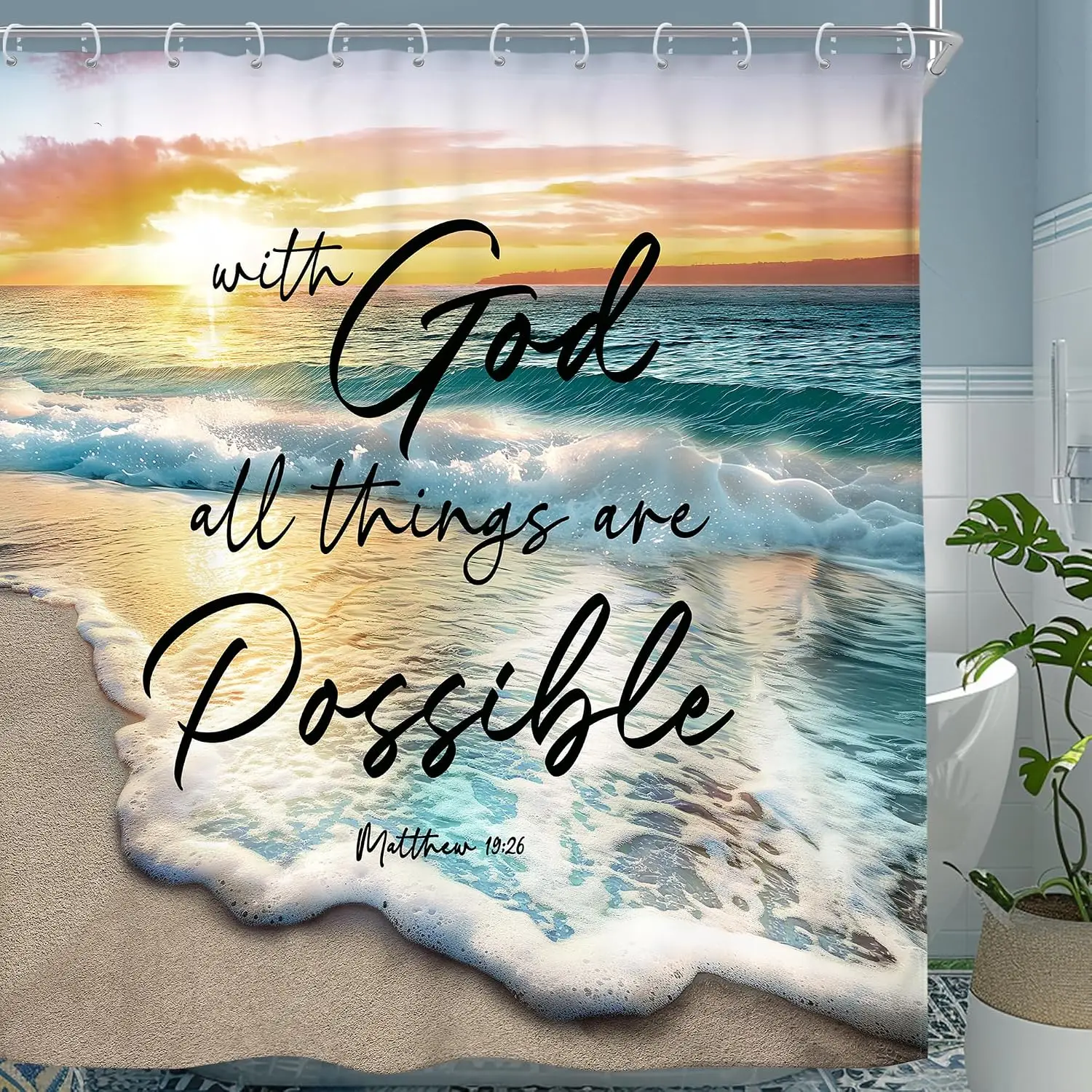 Waterproof Scripture Shower Curtain Christian Inspirational Bathroom Decor God All Things Are Possible Ocean Beach Print