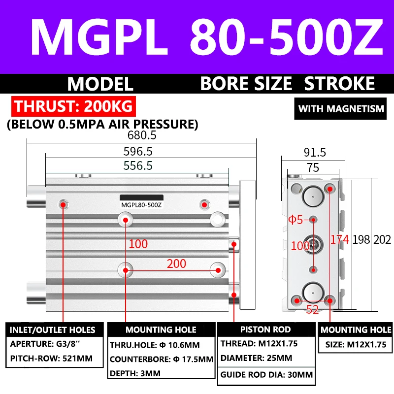 ABILKEEN MGPL80-500Z MGPL Pneumatic Compact Guide Cylinder 80MM Bore X 500MM Stroke Three Axis Three Rod Thin Air Cylinder