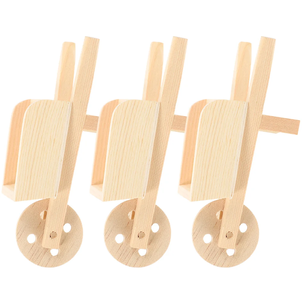 3 Pcs Mini Stroller Cart Barrows Miniature Wooden Wheelbarrows Dolls House Decor Flowerpot Models Toys