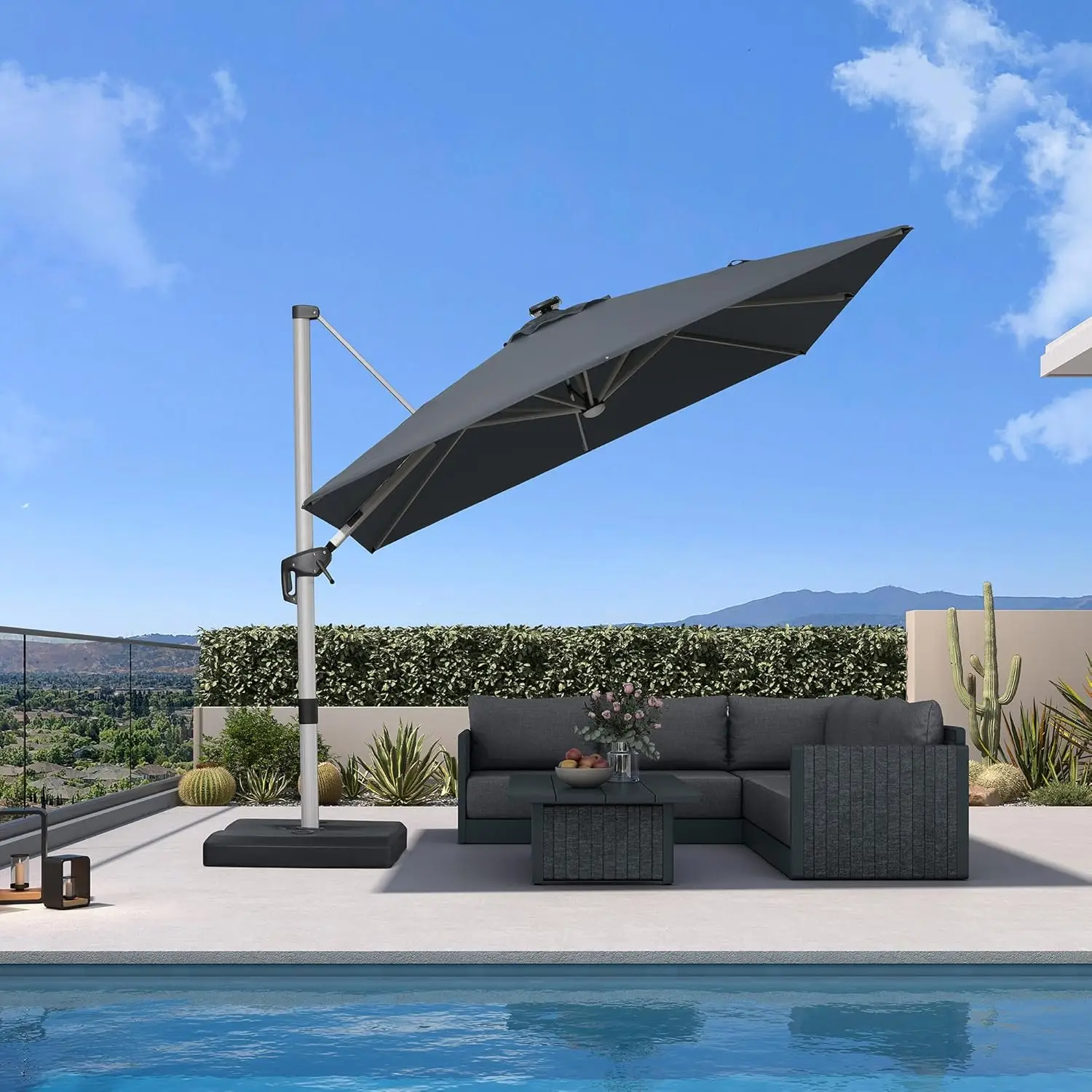 

LEAF Patio Umbrella with base 10 Feet Outdoor Square Cantilever Umbrella Solar Powered LED with 360-degree Rotation for Garden
