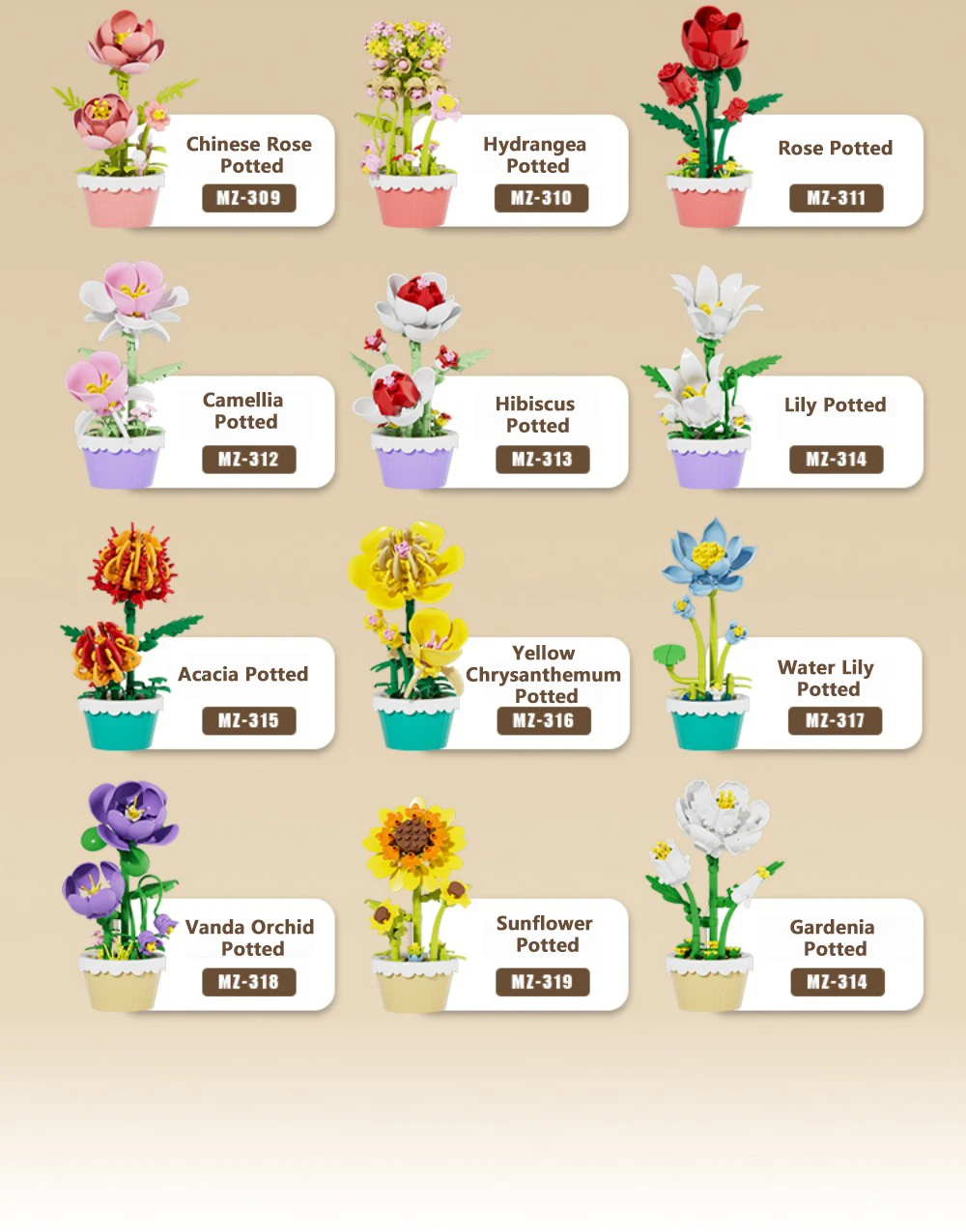 12-teiliges Baustein-Set Mini-Blumen-Spielzeug DIY Botanik-Kollektion Künstliche Blumen mit Töpfen Bastelset für Heim- und Bürodekoration – Detail 6