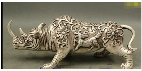 

10" Sculpture of Rhinoceros Silver Carved Dragon Kylin Ferocity Rhino white Copper Statue Sculpture decoration factory outlets