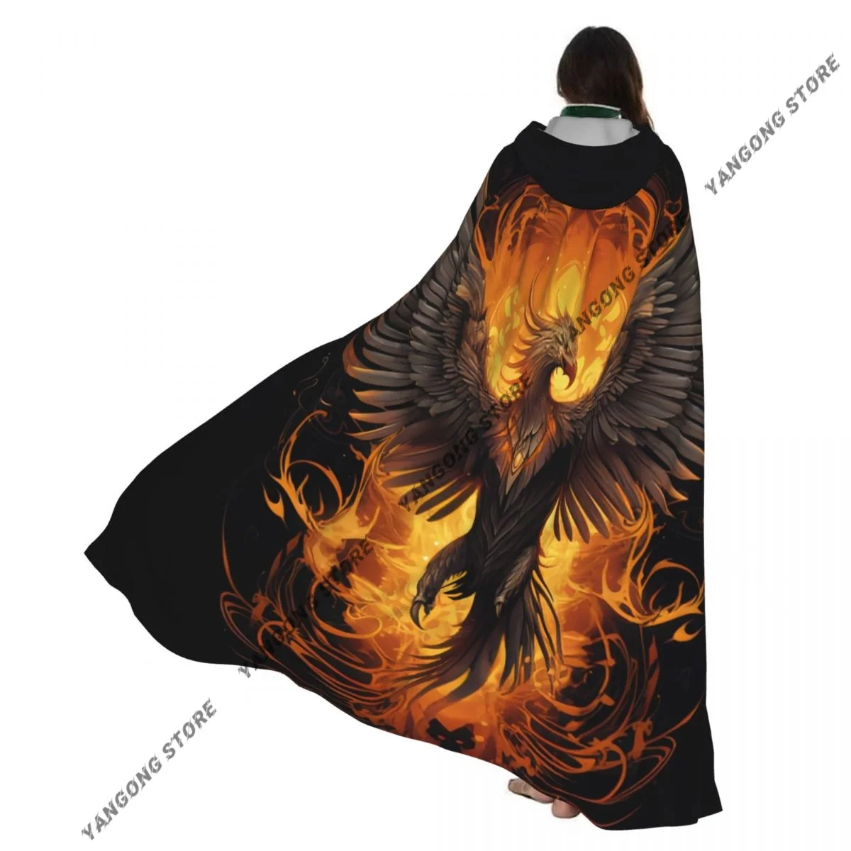 

Мифическая птица Феникса с огненными крыльями, плащ с капюшоном, карнавальный костюм на Хэллоуин для взрослых, длинная праздничная накидка