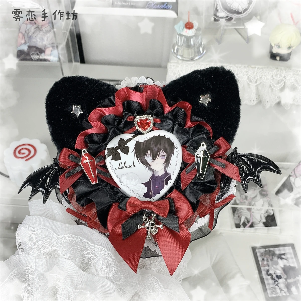 Goth Black Red Devil Skeleton Badge Holder Hand Made Lace Ribbon Card Holder Quadratic Element Card Sleeve