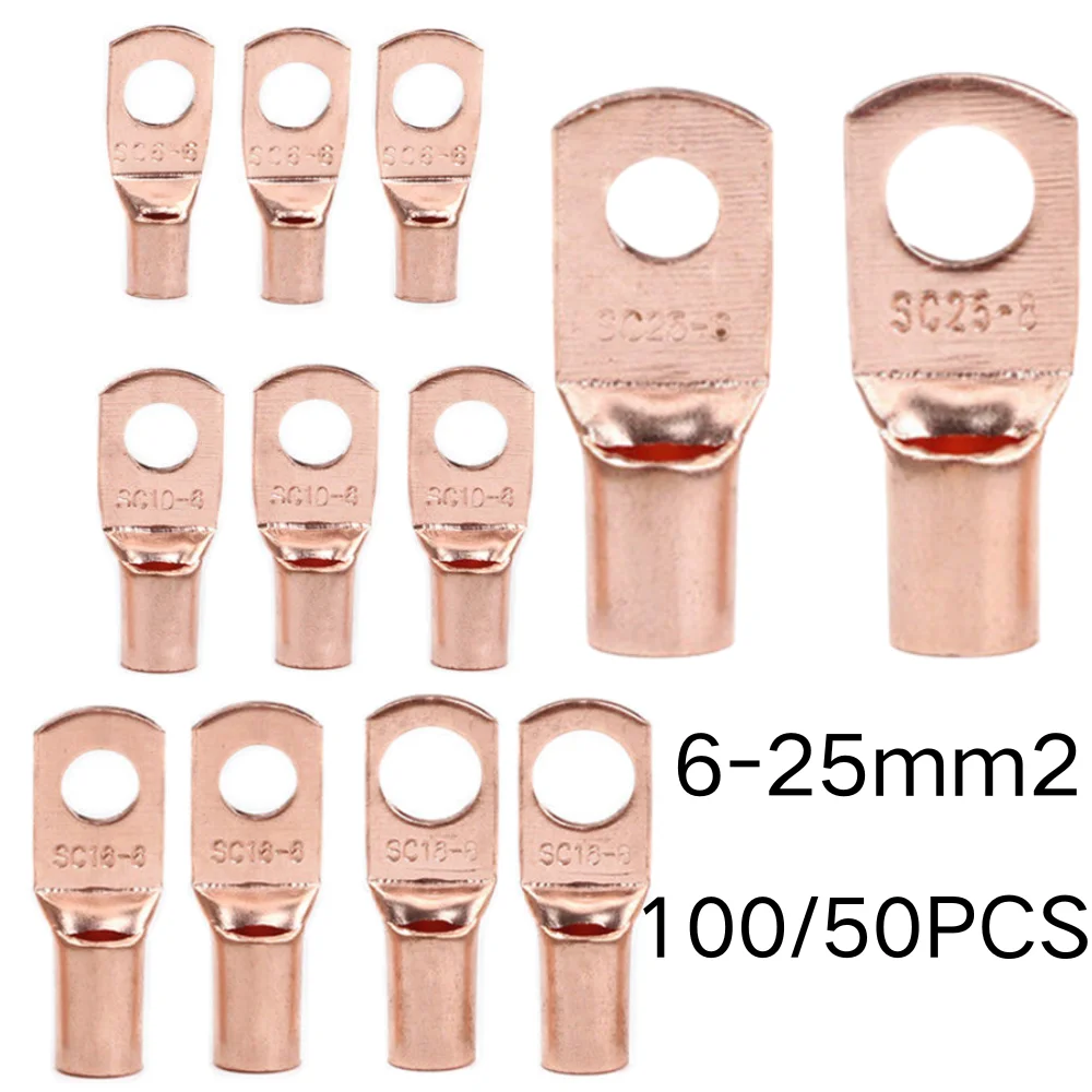 10/25/50/100pcs Copper Lug Ring Wire Connectors Bare Cable Electric Crimp Terminal SC6-6 SC6-8 SC10-6 SC10-8 SC16-6 SC25-6