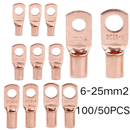 10/25/50/100 Uds. Conectores de Cable de anillo de cobre Cable desnudo Terminal de engarzado eléctrico SC6-6 SC6-8 SC10-6 SC10-8 SC16-6 SC25-6