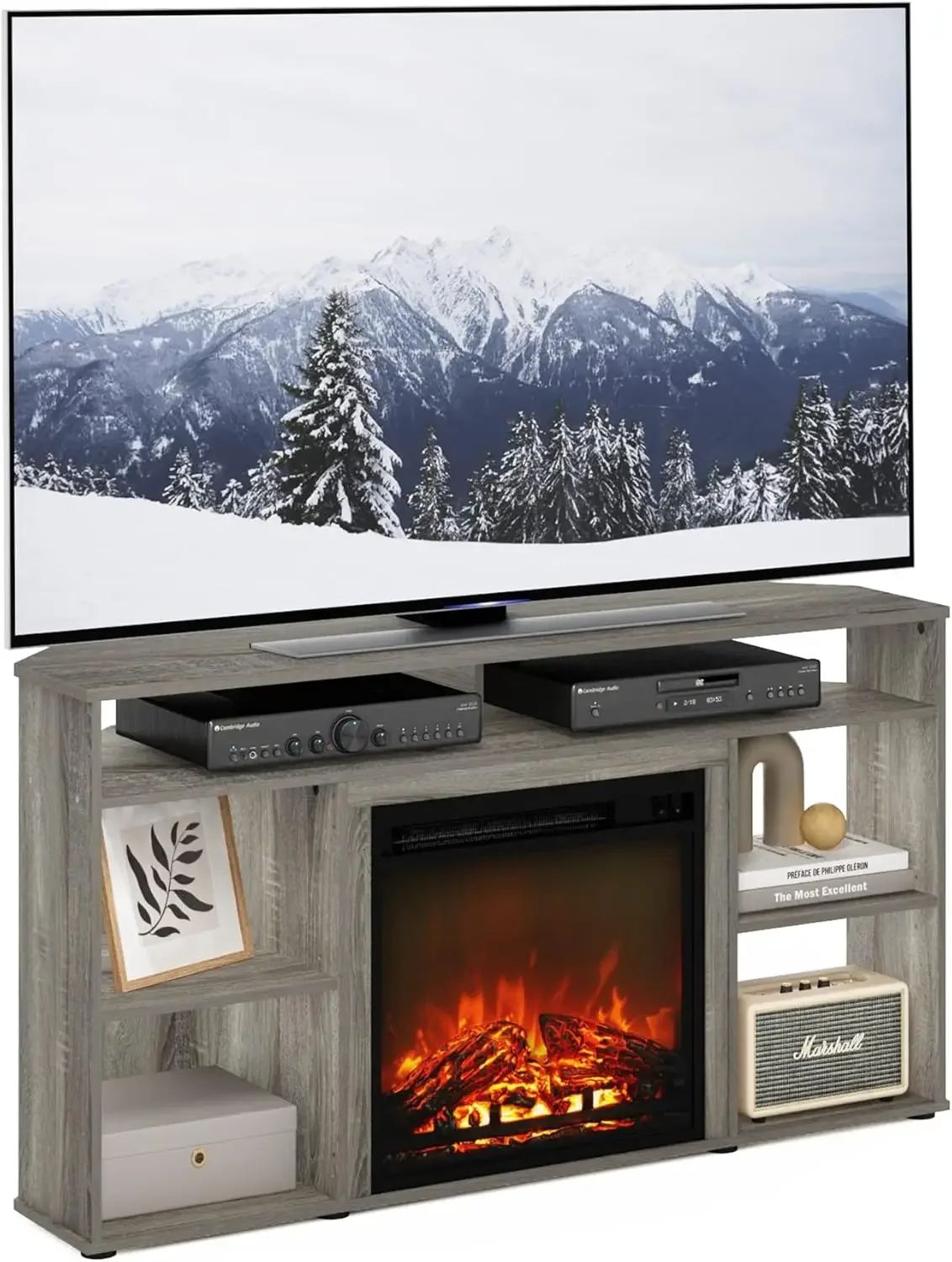 Corner TV Stand with Fireplace for TV up to 55 Inches, French Oak Grey  for Living Room