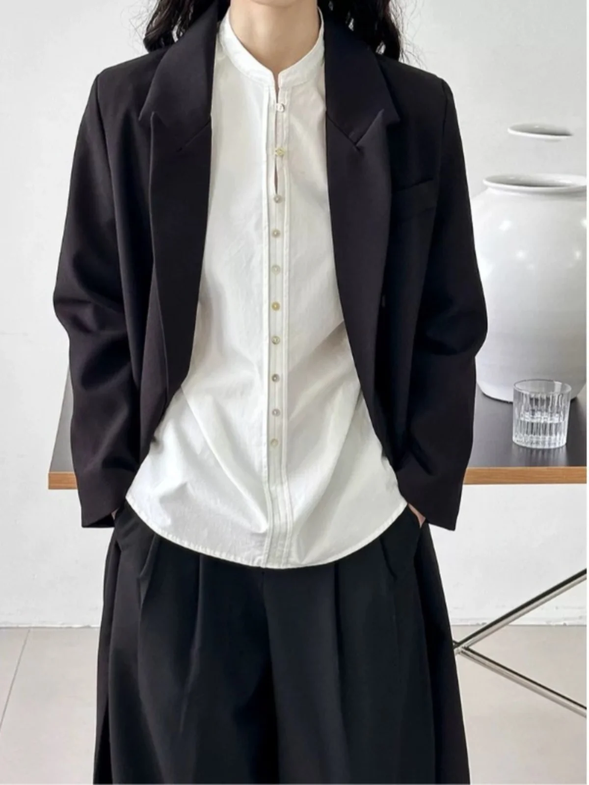 

Retro Japanese Sle Long Sve White irt Women's Spring 2025 Design Loose Casual Layering Stand Collar Top