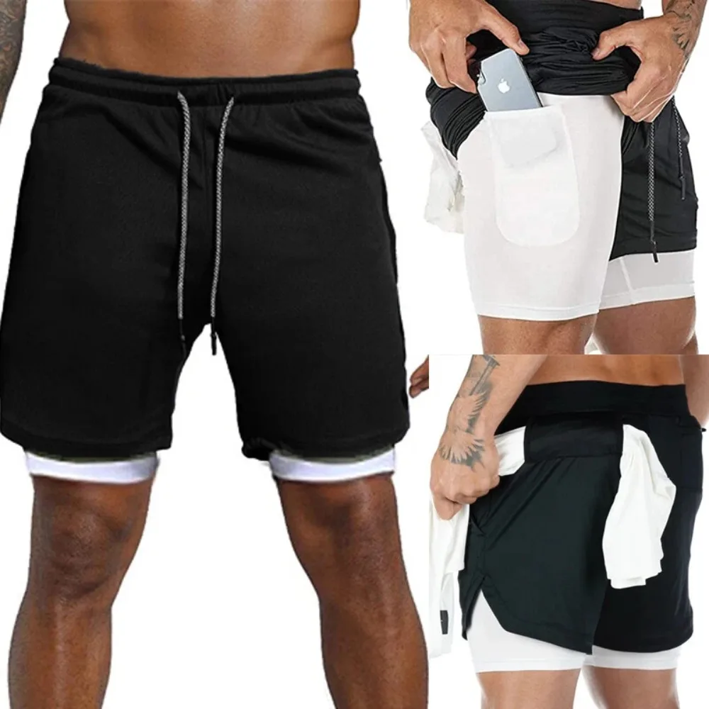 남성용 2-in-1 러닝 반바지, 속건성 스포츠 및 피트니스 반바지, 스포츠 반바지 남성 의류 농구 반바지