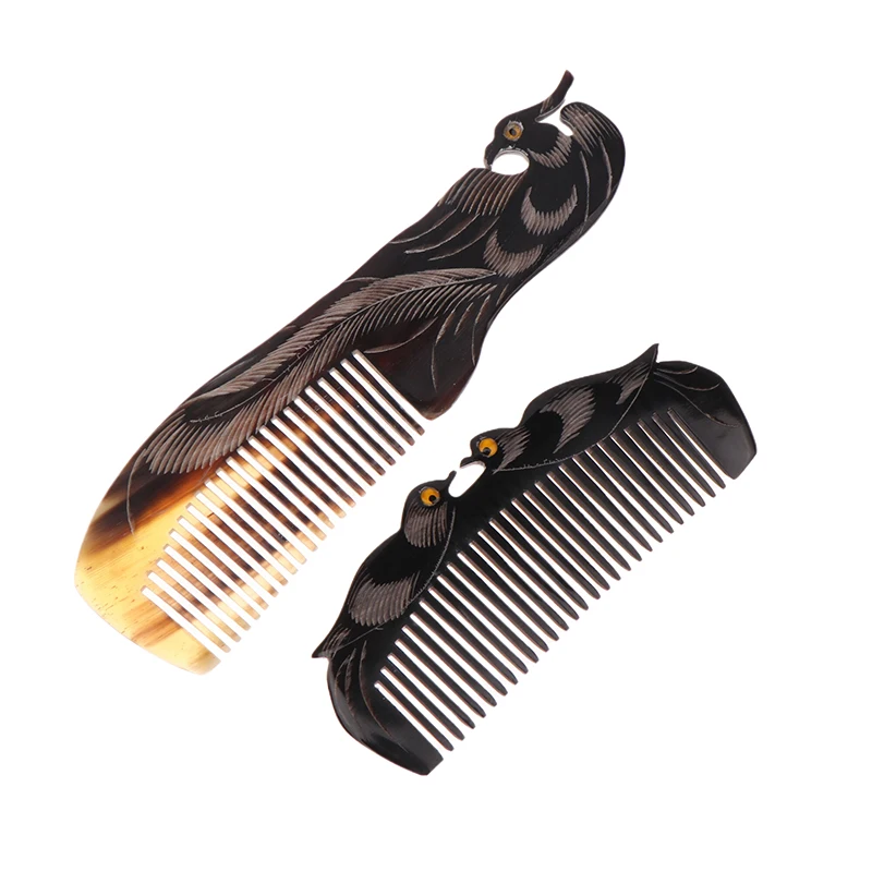 Anti Static Buffalo Combs Natural Ox Horn Comb Mandarin Duck Phoenix Carving Professional Detangling Massage Fine Tooth Comb