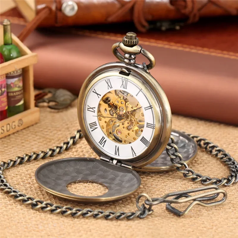 Bronze Skeleton Pocket WatchDouble Open Hunter Roman Numbers Men Women Hand Winding Mechanical Clock FOB Pendant Chain Gift