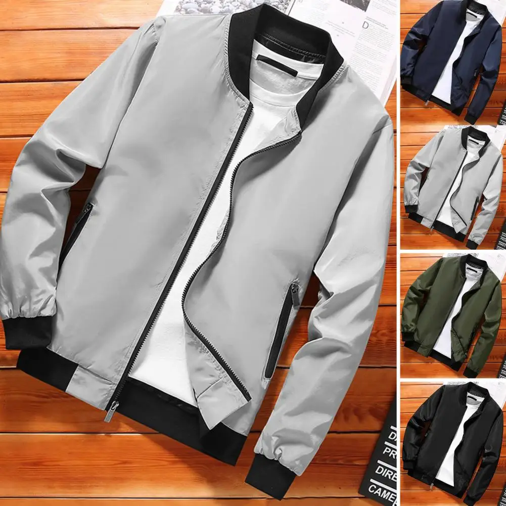 Men Coat Stylish Men\'s Stand Collar Baseball Coat Elastic Cuff Smooth Zipper Mid Length for Fall Winter Men Jacket