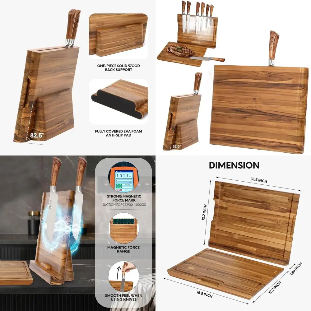 

Dual-Function Teak Wood Cutting Board with Built-In Magnetic Knife Rack, 16x11 Inches, Grooved for Juice Control, Kitchen Essent