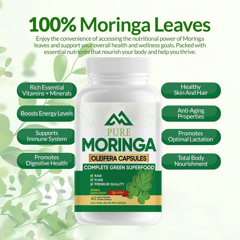 Moringa Capsules -60 capsules 3X high-efficiency antioxidant 100% pure Moringa leaf powder for metabolism and lactation support