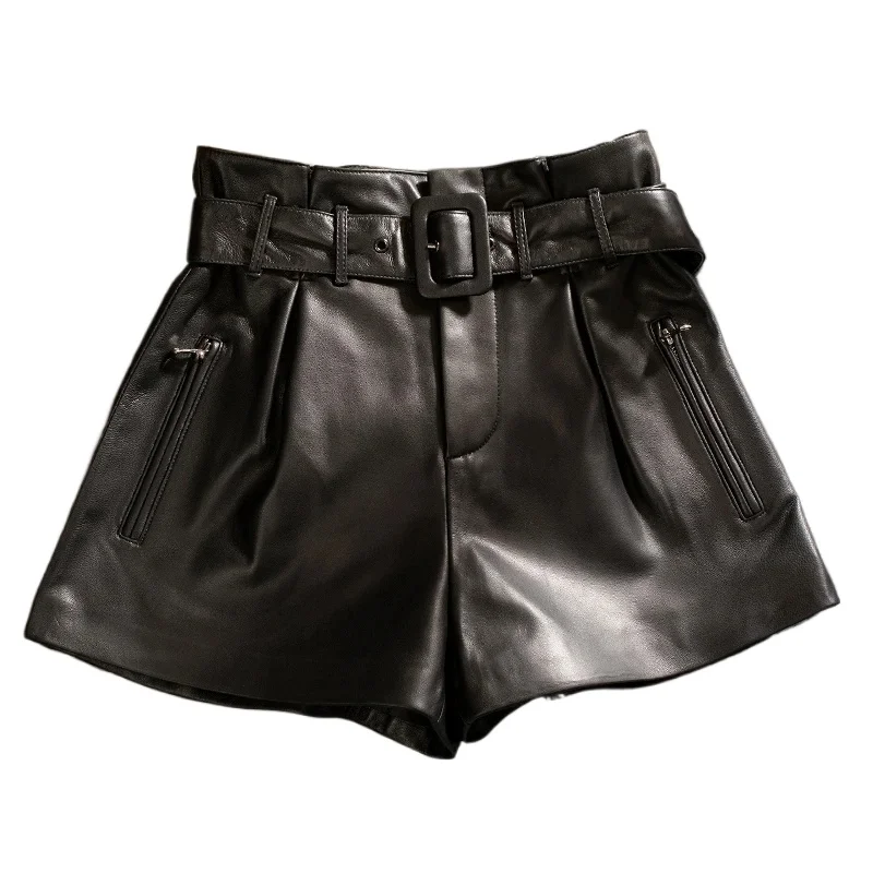 

Pure Leather Shorts for Women A Line Genuine Sheepskin Leather Pants Women Black Short Wide Leg Shorts Ladies Ropa Para Mujer