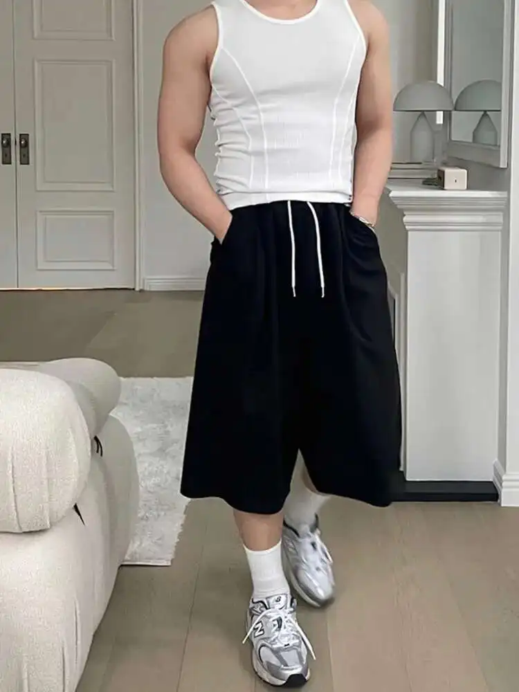 

2025 простые мужские повседневные шорты длиной до икры на шнурке, однотонные, прямые, с эластичной резинкой на талии, свободные, с широкими штанинами, мужская нижняя часть, новинка