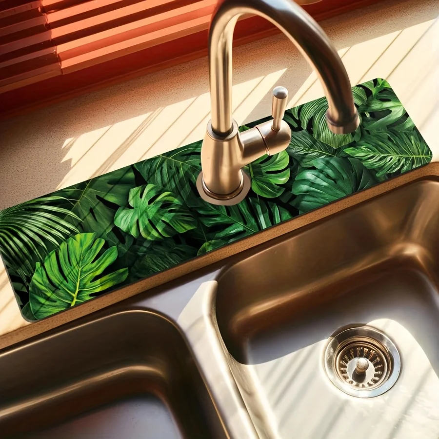 VIKAMA Faucet Mat Green Monstera Leaf Water Droplet Faucet Mat Keep Kitchen Fresh Vibrant Drying Mat Bathroom Toilet Faucet Mat