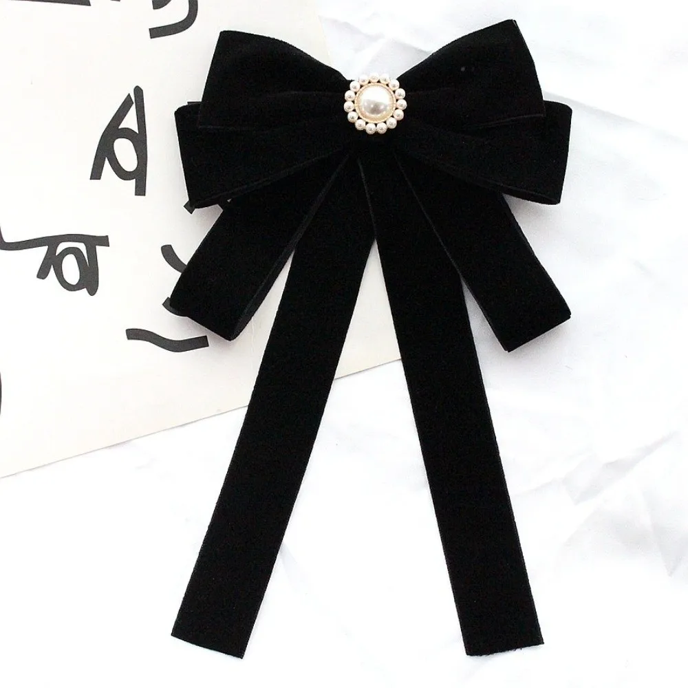 Sweet Velvet Black Ribbon Pin Rhinestones Beads Black Bow Necktie Pin Pearl Ribbon Badge Brooch Girl