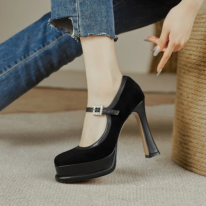 

2024 spring summer women pumps natural leather 22-24.5cm cowhide+sheep suede+pigskin buckle platform Mary Jane shoes high heels