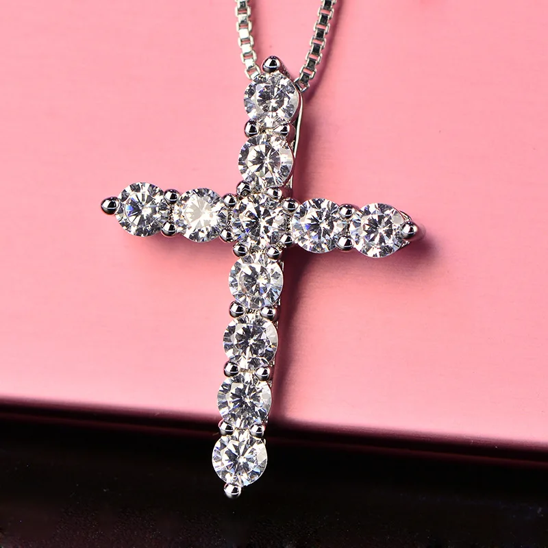 Silver Color Necklace Box chain Shiny crystal classic cross Pendant For Women men Fashion Jewelry Gifts image 3