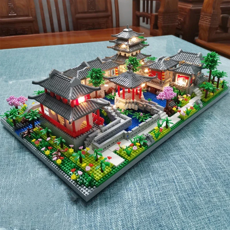 Ancient Architecture Building Toy Pavilion Temple Tower Lake Garden Gate LED Light Model Mini Diamond Blocks Assembly Toy Gift