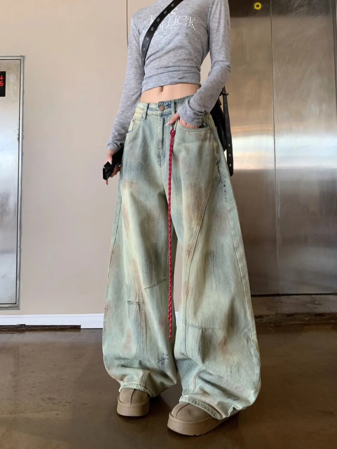 

American Retro Dirty Dyeing Deconstructed Scimitar Jeans Women Spring Autumn New Loose Wide-Leg Floor Trousers