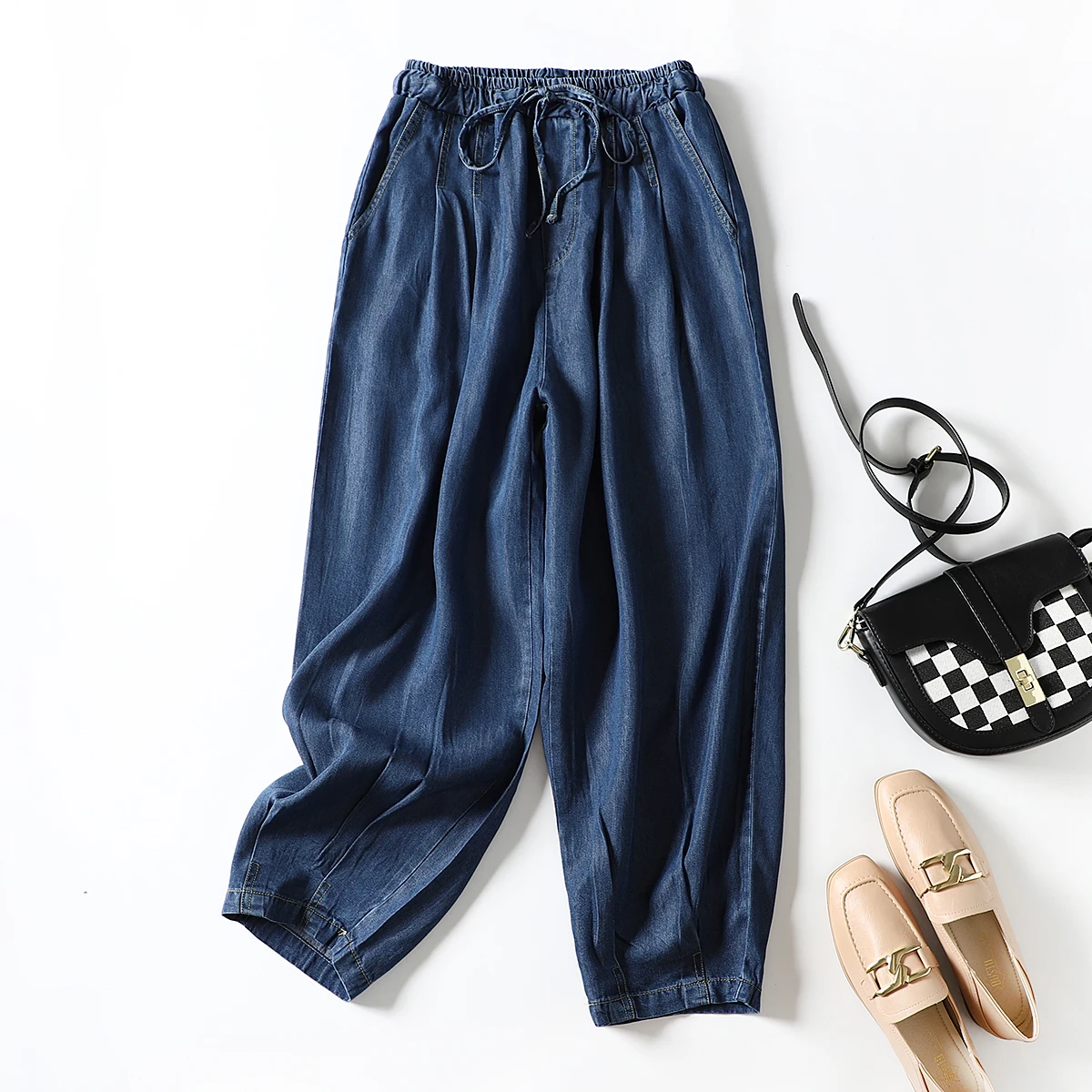 

Женские тонкие шелковые джинсовые брюки Харлан, вельветовые брюки с высокой талией, светло-голубые свободные джинсы с завязками, джинсы-морковки с девятью точками