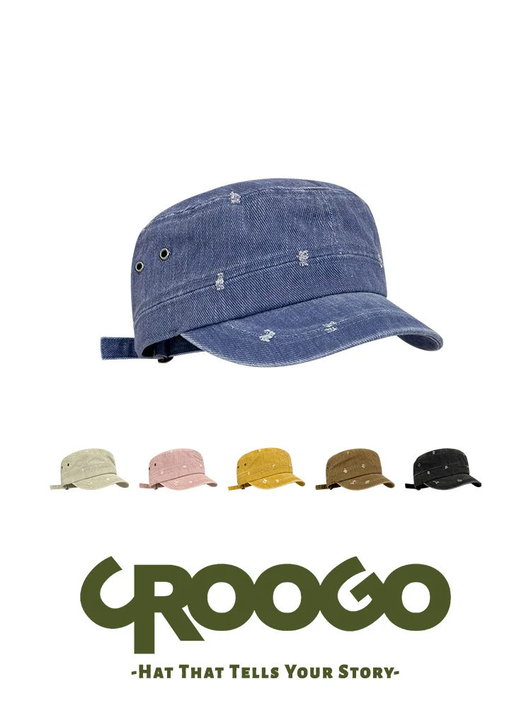 

CROOGO Retro Washed Baseball Cap Flat Top Hat Travel Spring Duckbill Cap Hole Punching Sun Protection Cap Unisex Adjustable Size
