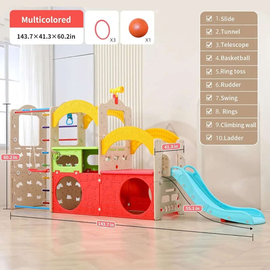 10 في 1 ملعب داخلي الغابة رياضة Playset مع الشريحة تسلق جدار سلم سوينغ كرة السلة حلقات معلقة للأطفال الصغار 3 + Int #2