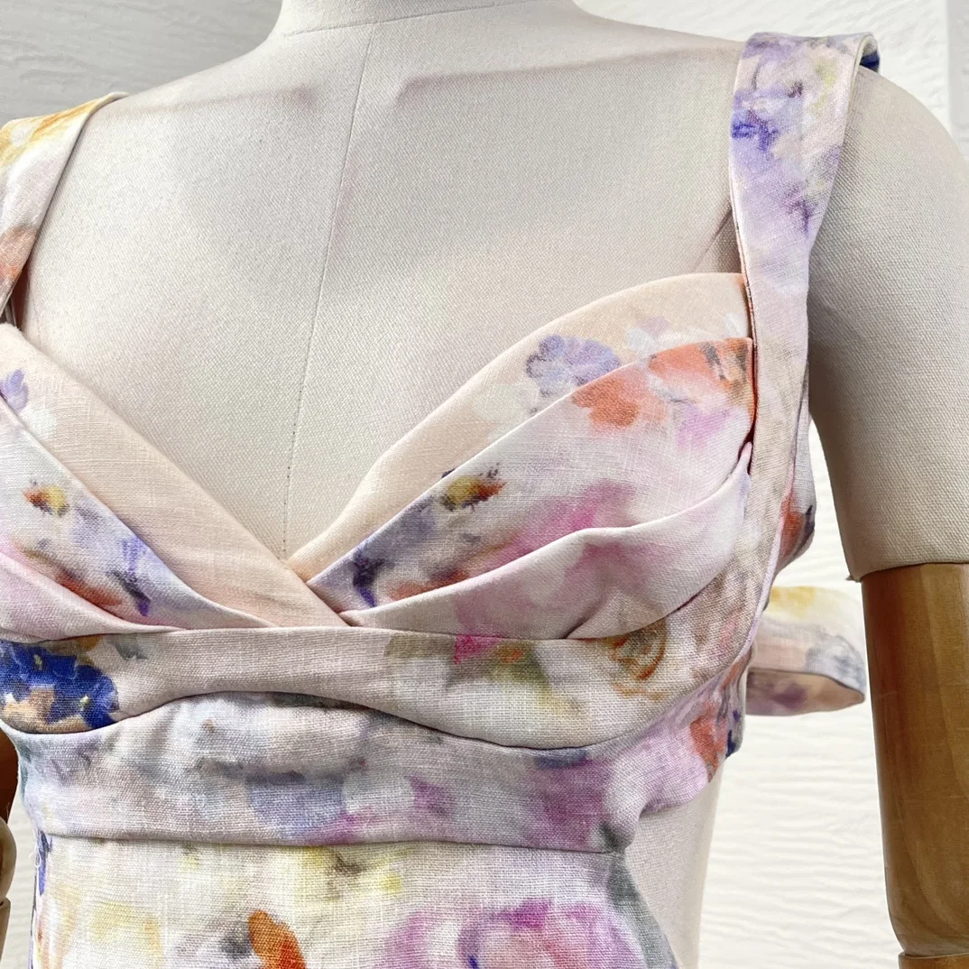 متعدد الألوان طباعة الأزهار بلا أكمام عارية الذراعين قطع الخصر فستان ميدي 2025 تصميم جديد