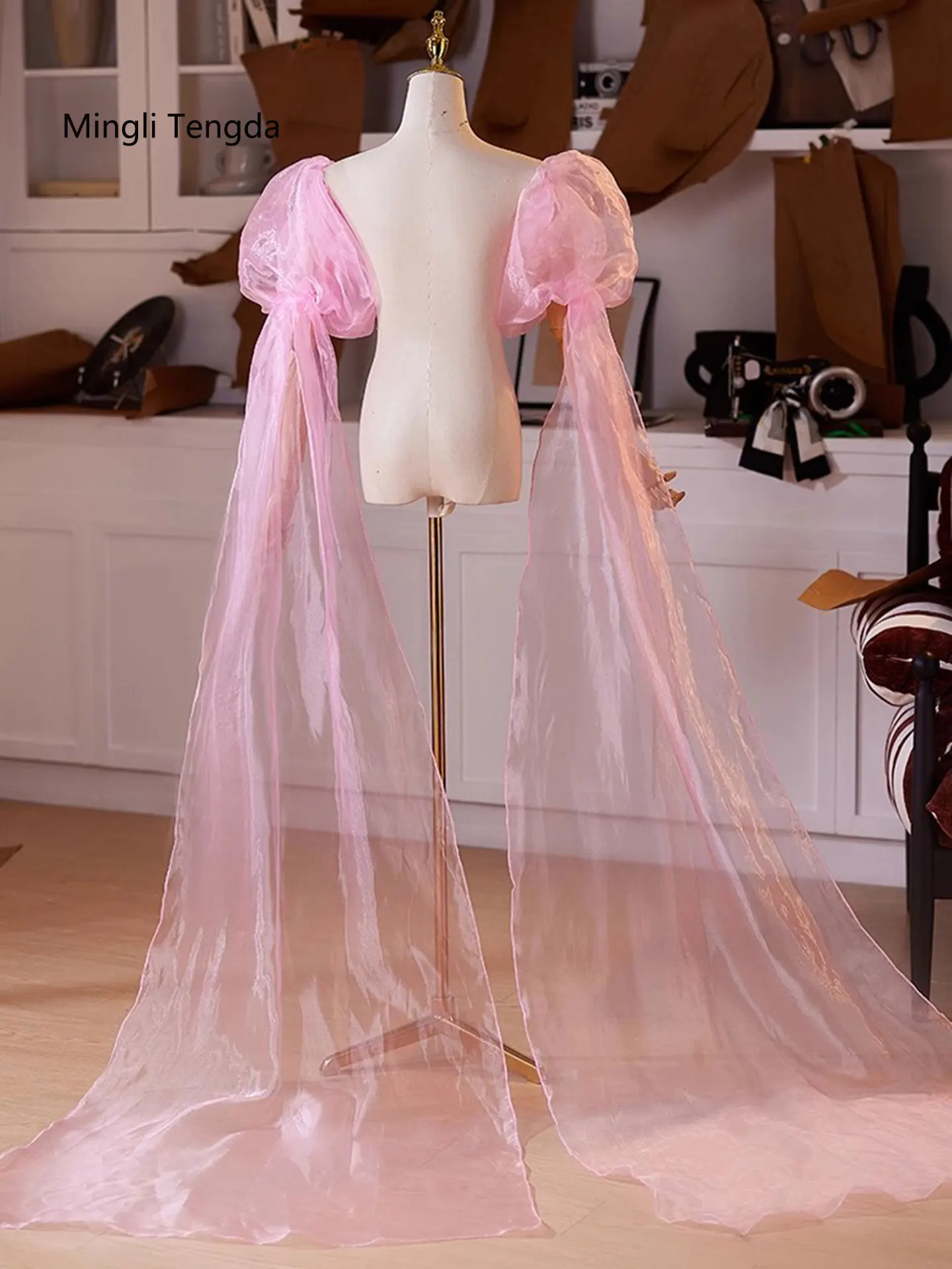 Mingli Tengda Fluffy Long Sleeves Pink Organza Bride Gloves For Wedding Covered Arms Accessories Bridal Glove Exaggerate