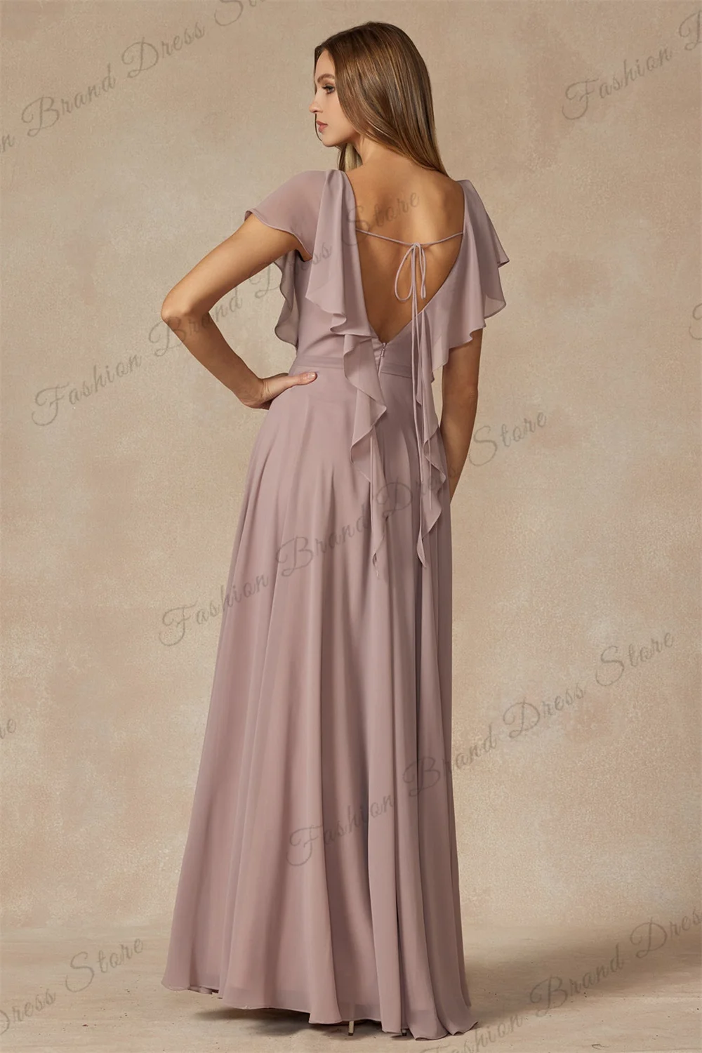 Chiffon Off-the-shoulder V-neck Bridesmaid Dress for Wedding Corset Short Sleeves Formal Evening Gowns A-line Long Prom Gowns