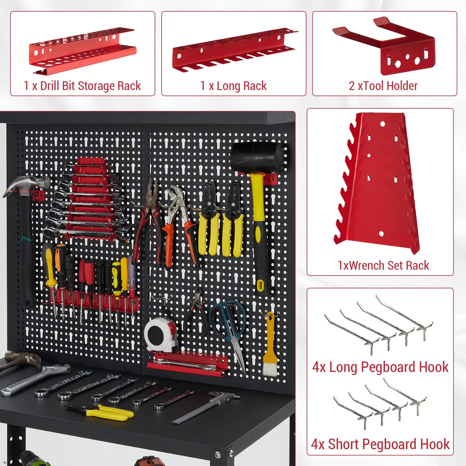 Heavy Duty Garage Workbench with Pegboard,32" Adjustable Garage Workbench with Tool Organizer,Industrial Metal Work Table with S