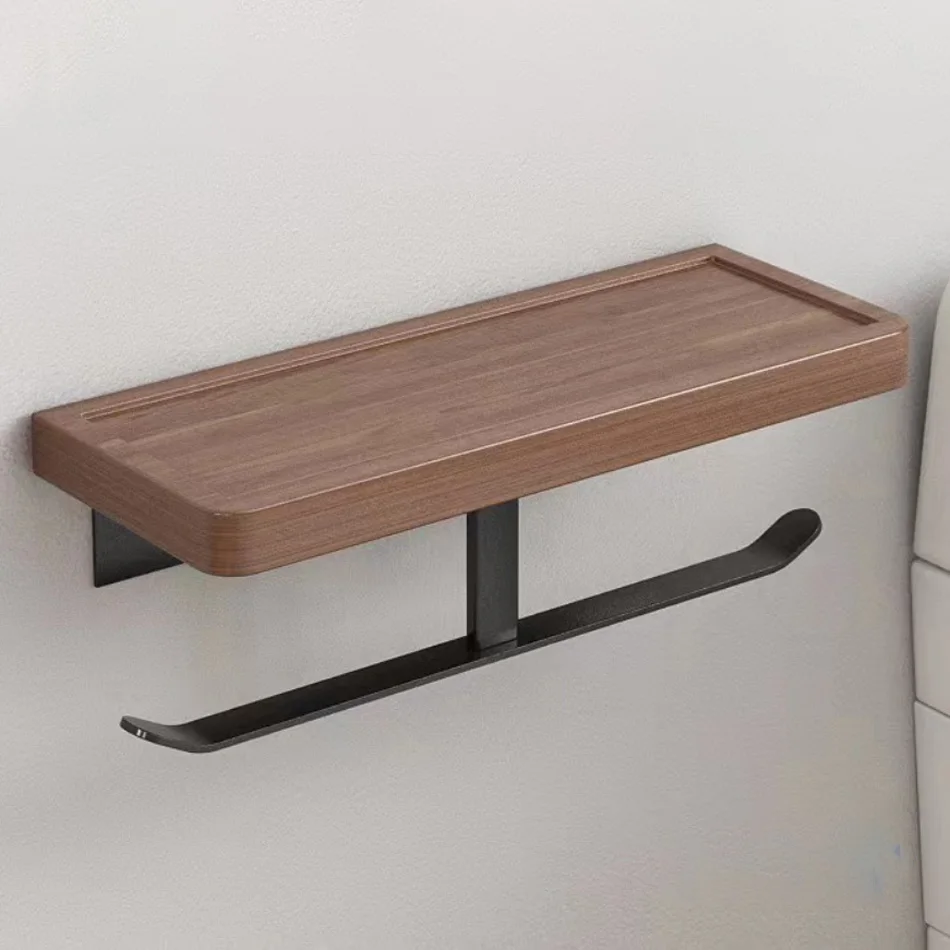 

Double Paper Holder with Shelf Wood Black Wall Mounted WC Tissue Holders Walnut Toilet Paper Towel Rack for Bathroom Kitchen