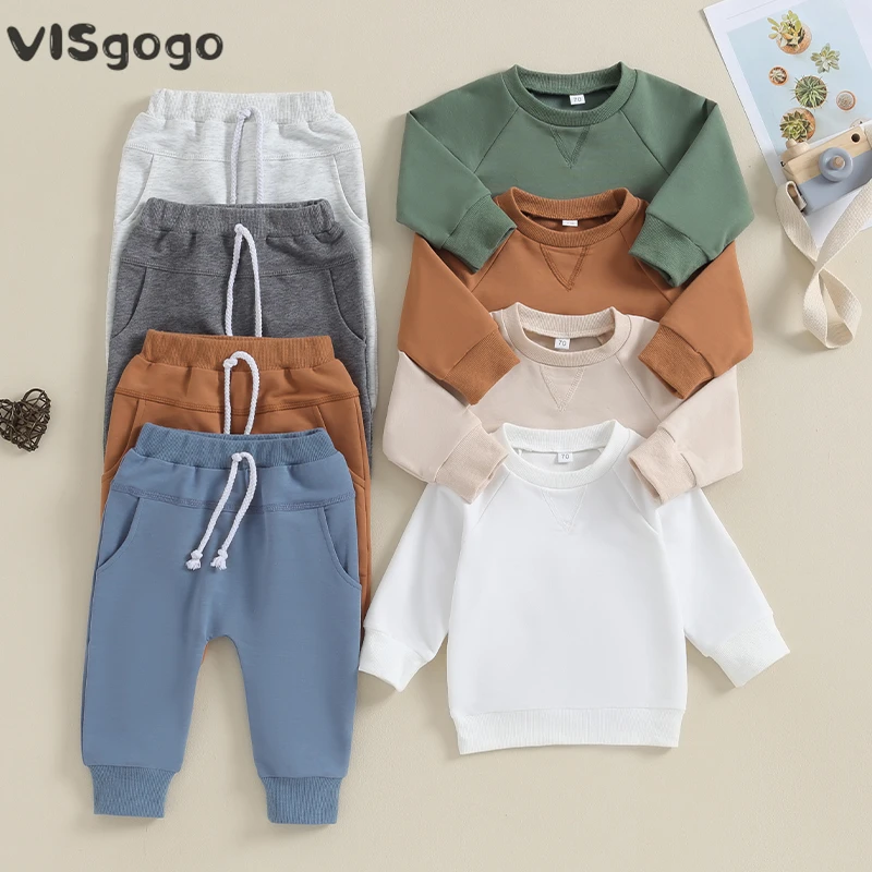 VISgogo-طقم سويت شيرت وسراويل بأكمام طويلة للأطفال الأولاد ، ملابس أحادية اللون للأطفال الصغار ، ملابس غير رسمية مع جيب ، 2 قطعة ، ربيع والخريف