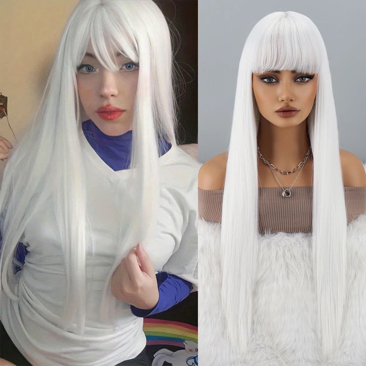 Long White Wig with Bangs Straight White Wigs for Women Cosplay Long Synthetic White Wig Natural Looking for Daily Wear