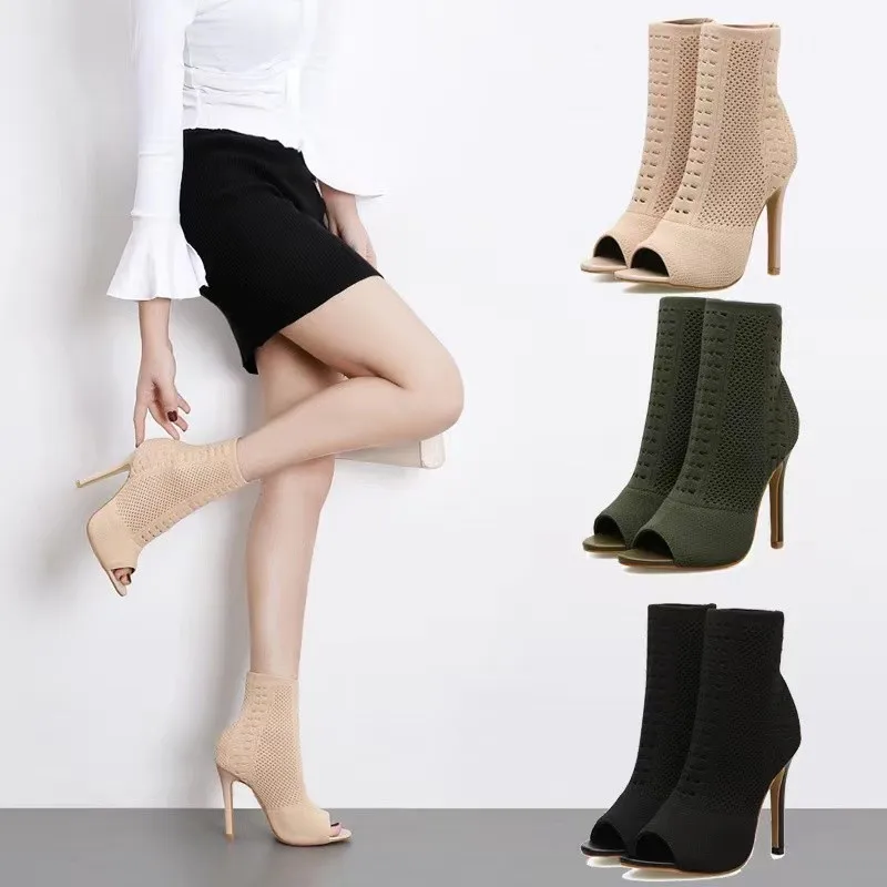 Ladies Ankle Boots Fashion Peep Toe Stretch Fabric Knitting Small Hole Hollow Out Breathable Dress Women High Heels Dance Shoes