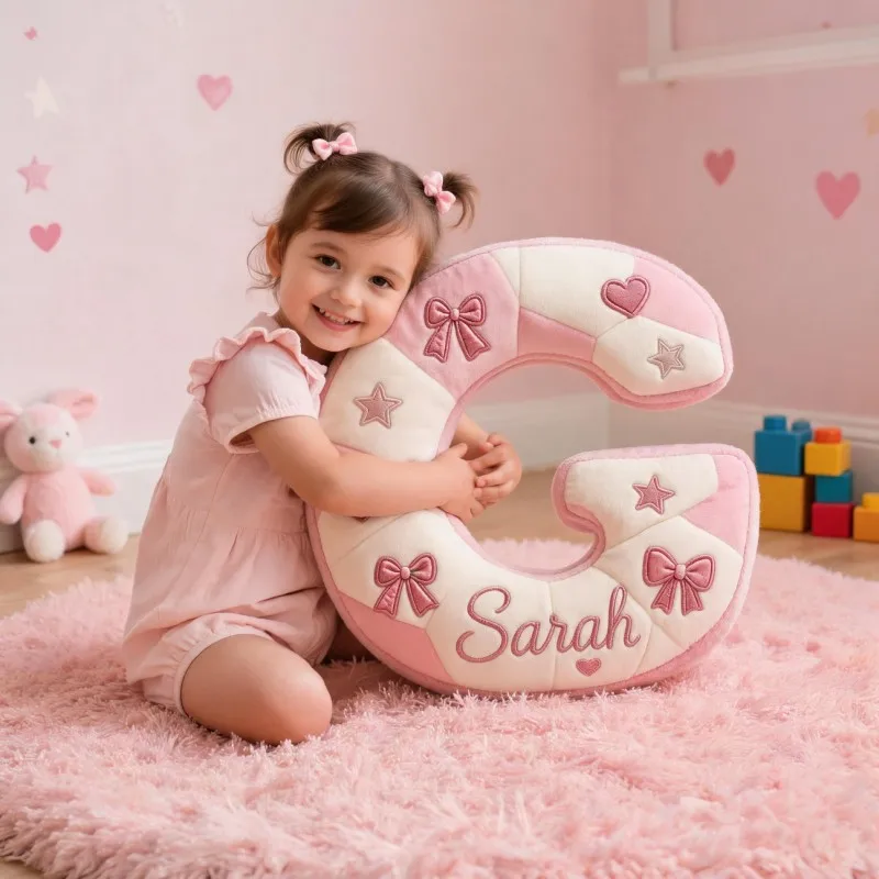 Custom Personalized Photo Initial Shaped Pillow, Pink Bow & Heart Decorative Cushion, Unique Home Decor Accent for Sofa Bedroom